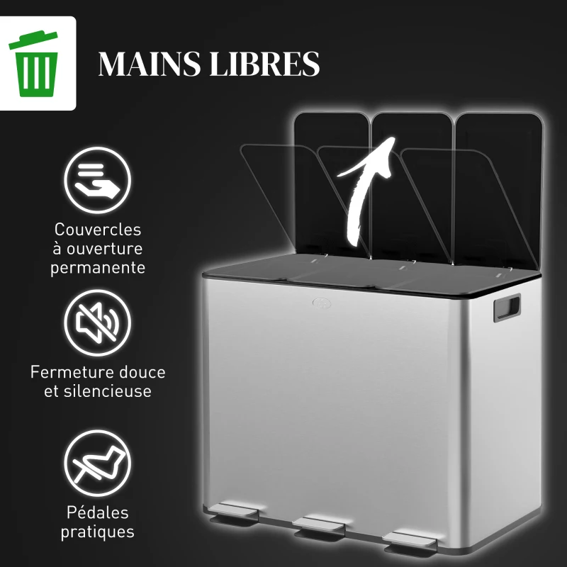 HOMCOM Poubelle de cuisine, poubelle tri sélectif, 3 compartiments de 20L, seaux intérieurs amovibles, 61,9x36,6x56,7cm, argent