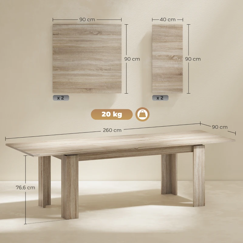 HOMCOM Mesa de comedor extensible, de 180 a 260 cm, para 6-10 personas, madera