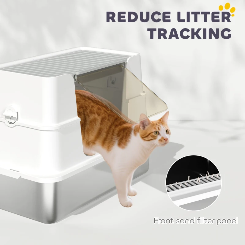 PawHut Litière pour chat, en acier inoxydable, Intérieur XL, avec pelle, Gris clair