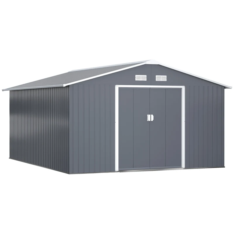 Outsunny 13 x 11ft Garden Metal Storage Shed, Outdoor Storage Tool House with Ventilation Slots, Floor Foundation and Lockable Double Doors, Grey