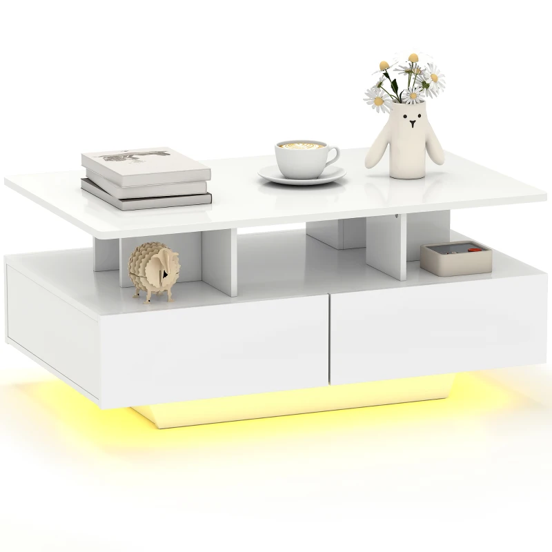 HOMCOM Mesa de Centro LED Moderna con 4 Cajones Estante Abierto y Luces LED de 16 Colores para Salón 90x55x41 cm Blanco Brillo