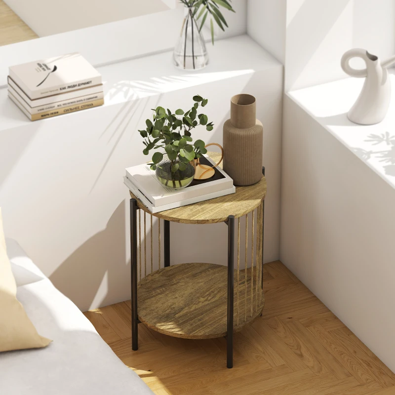 HOMCOM Mesa Auxiliar Redonda de 2 Niveles con Estante y Estructura de Acero para Salón Dormitorio 43,5x43,5x51 cm Natural