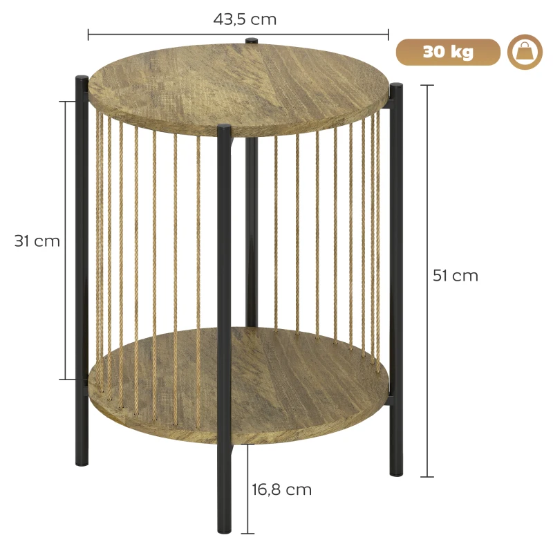 HOMCOM Runder Beistelltisch mit 2 Ebenen und Stahlkonstruktion für Wohnzimmer Schlafzimmer 43,5x43,5x51 cm Natur
