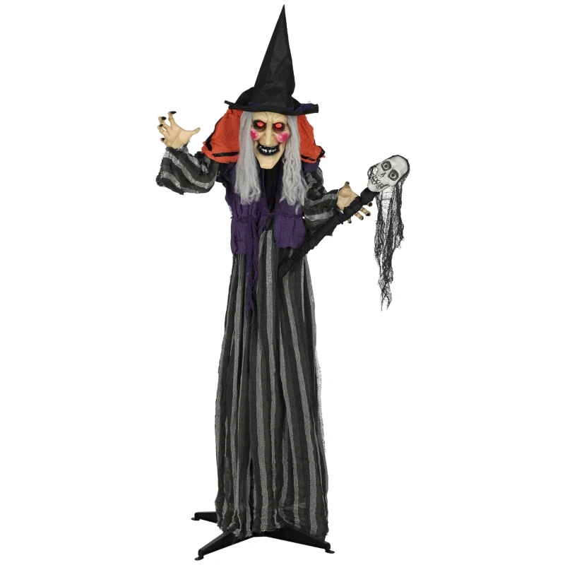 Outsunny 160 cm Life Size Halloween Animated Standing Witch & Skull Staff with Glowing LED Eyes & Head, Spooky Witch Scary Halloween Decorations, Battery Operated, Indoor Party Props