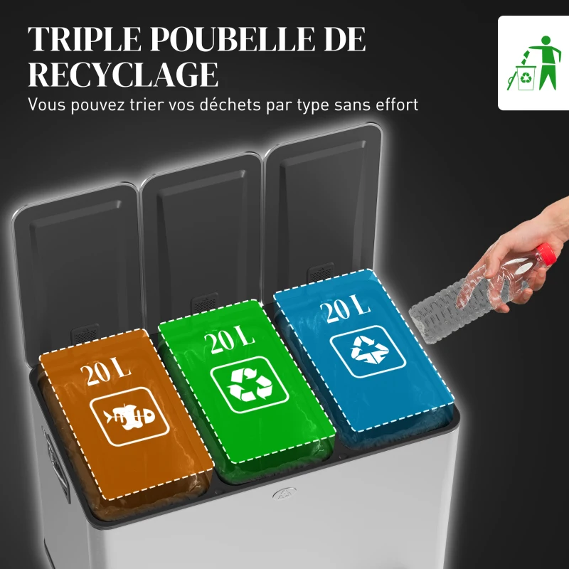 HOMCOM Poubelle de cuisine, poubelle tri sélectif, 3 compartiments de 20L, seaux intérieurs amovibles, 61,9x36,6x56,7cm, argent