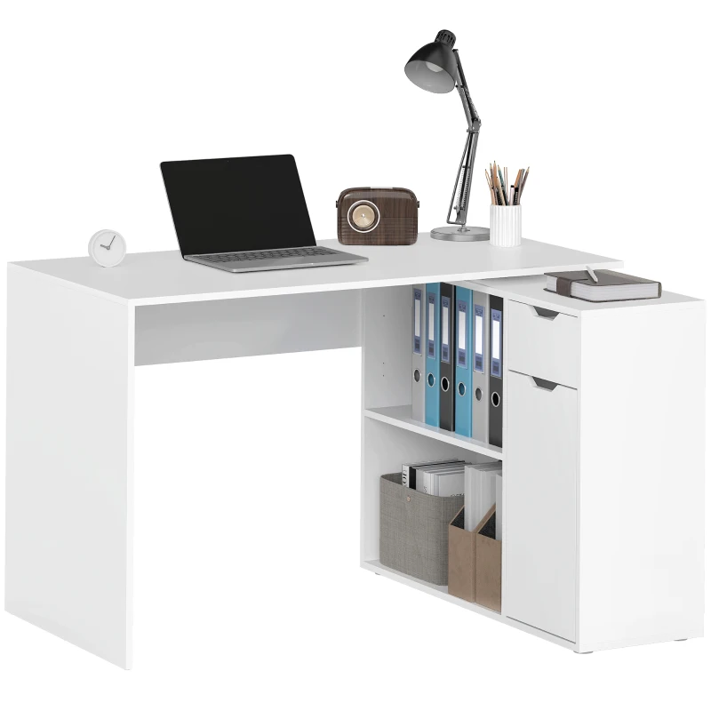 HOMCOM Bureau flexible, Armoire à deux niveaux, Tiroir, Étagères ouvertes, Panneau de particules, Blanc