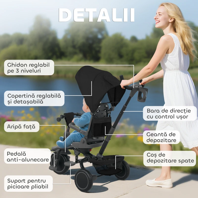 AIYAPLAY Triciclu Pliabil pentru Copii 6 în 1 cu Mâner Reglabil pentru Părinți și Copertină pentru Vârste 1-5, Negru