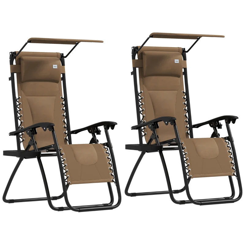Outsunny Zero Gravity Lounger Chair Set of 2, Folding Reclining Patio Chair with Shade Cover, Cup Holder, Soft Cushion and Headrest for Poolside, Camping, Coffee