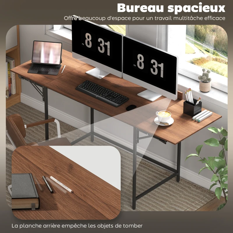 HOMCOM Bureau pliant table d'ordinateur 2 rabats pliables pour 2 écrans, pour chambre, petits espaces, 170 x 58 x 78 cm noyer