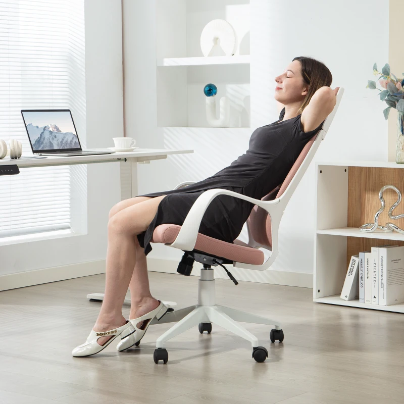 HOMCOM Silla de Oficina de Tela con Balanceo, Altura Ajustable y Asiento Giratorio, 63x63x117-127 cm, rosa