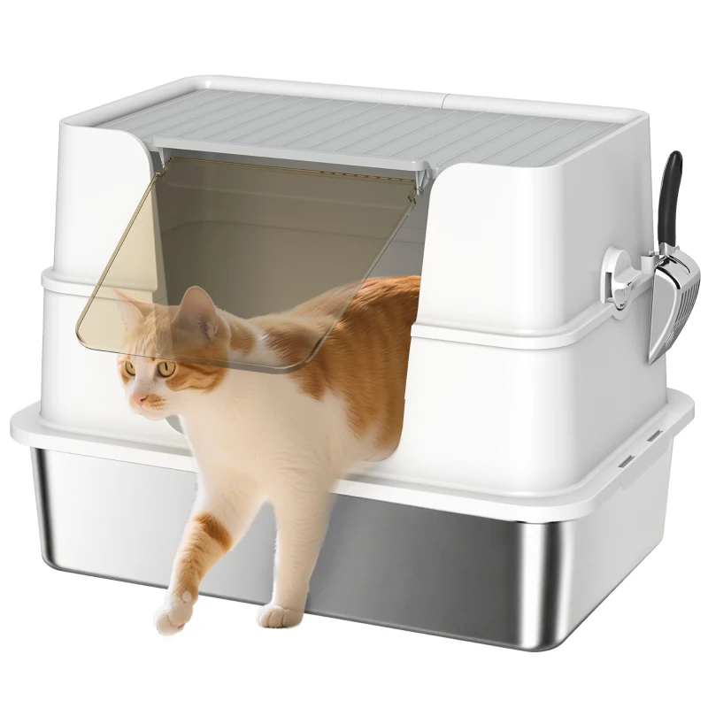 PawHut Kattenbak, RVS, XL-binnenruimte, met schep, Lichtgrijs(m-11)