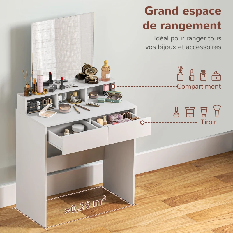 HOMCOM Coiffeuse avec miroir, table de maquillage avec 2 tiroirs et 3 compartiments, style moderne, 75 x 38 x 135 cm, blanc