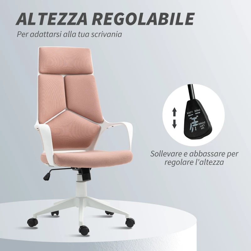 HOMCOM Sedia da Ufficio in Tessuto con Dondolo, Altezza Regolabile e Seduta Girevole, 63x63x117-127 cm, Rosa