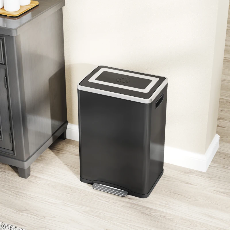 HOMCOM Cubo de basura de cocina 2 compartimentos de 2 x 20L, cubo con pedal, tapa de cierre suave 40 x 34,8 x 59 cm negro