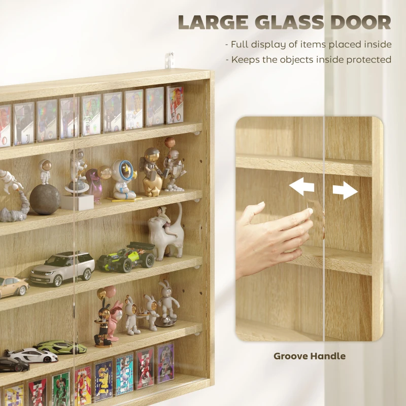 HOMCOM 5-Tier Wall Display Shelf Unit Cabinet w/ 4 Adjustable Shelves Glass Doors Home Office Ornaments 60x80cm Oak