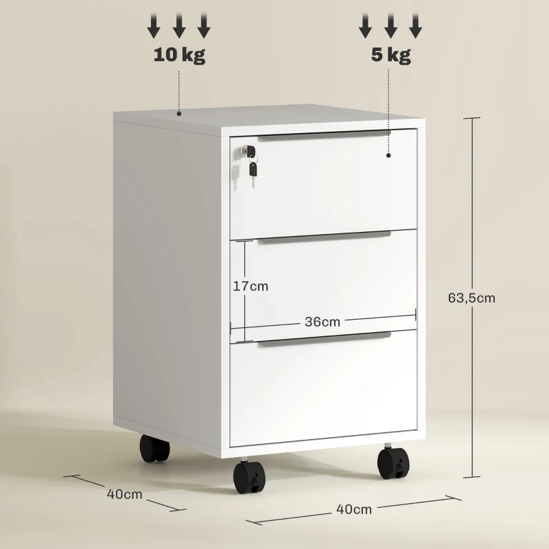 HOMCOM Cajonera de Escritorio con 3 Cajones Ruedas Cerradura y 2 Llaves para Estudio Salón 40x40x63,5 cm Blanco