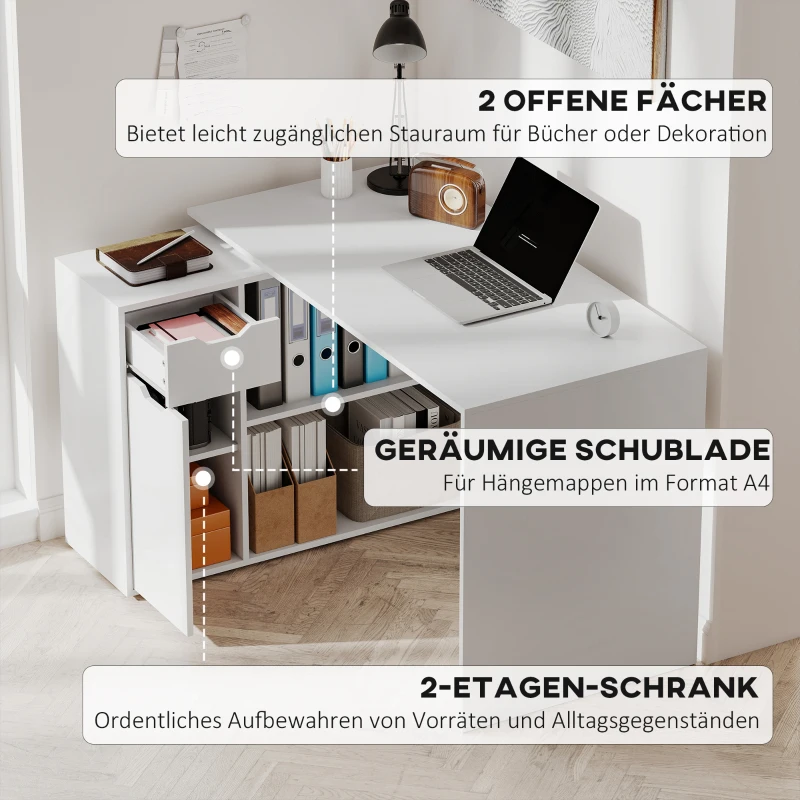 HOMCOM Flexibel bureau, 2-laags kast, lade, open vakken, hout, Wit