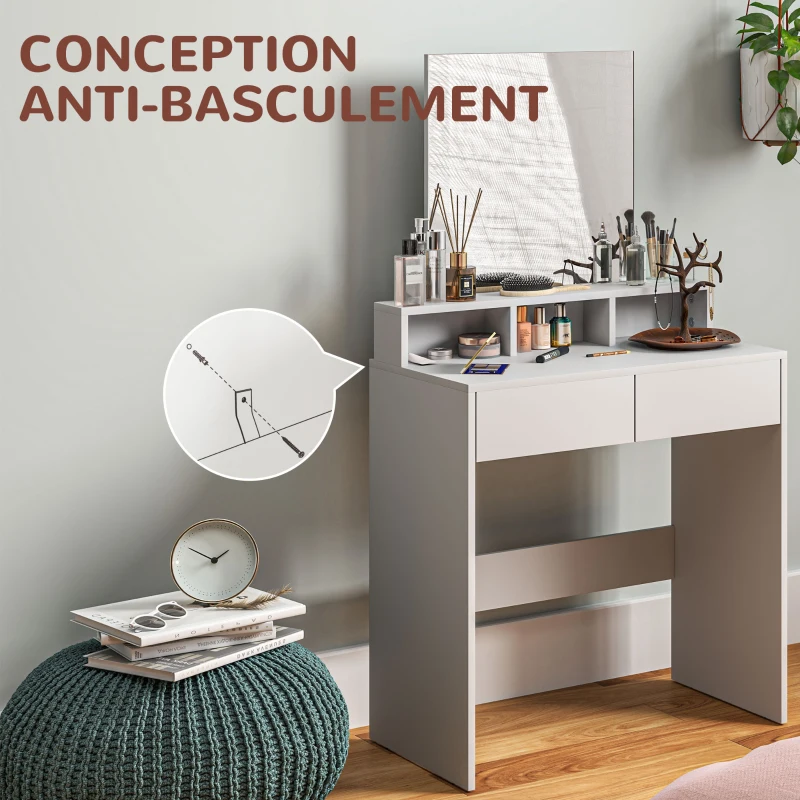 HOMCOM Coiffeuse avec miroir, table de maquillage avec 2 tiroirs et 3 compartiments, style moderne, 75 x 38 x 135 cm, blanc