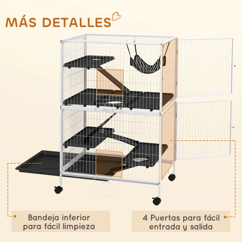PawHut Jaula para Animales Pequeños con Ruedas Rampas Hamaca y Bandeja Extraíble para Chinchillas Hurones 80x52x128 cm Blanco