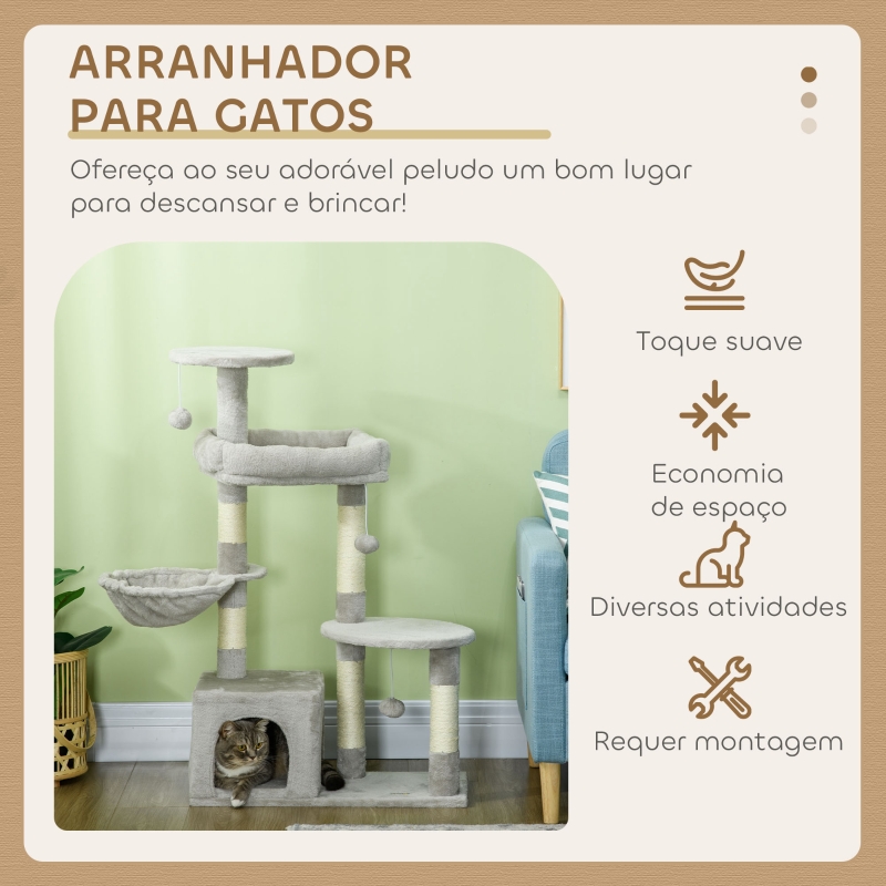 PawHut Arranhador para Gatos com Postes Arranhadores de Sisal Cova Plataformas e Bolas Suspensas 65x30x104 cm Cinzento Claro