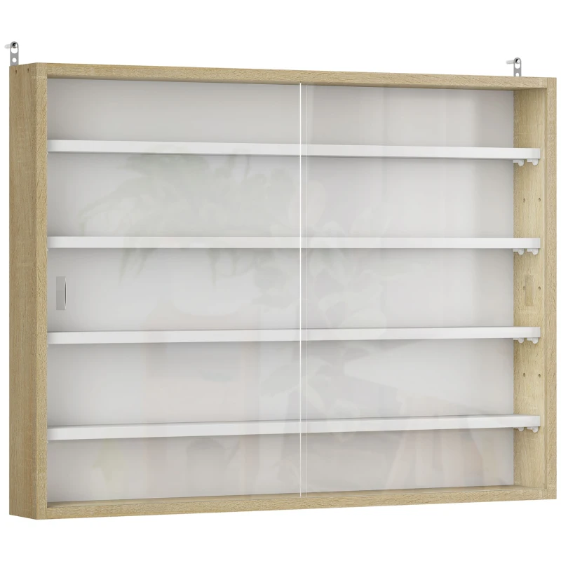 HOMCOM Vitrina de Pared de Madera con Estantes Ajustables y 2 Puertas Correderas de Cristal 80x9,5x60 cm Blanco y Natural