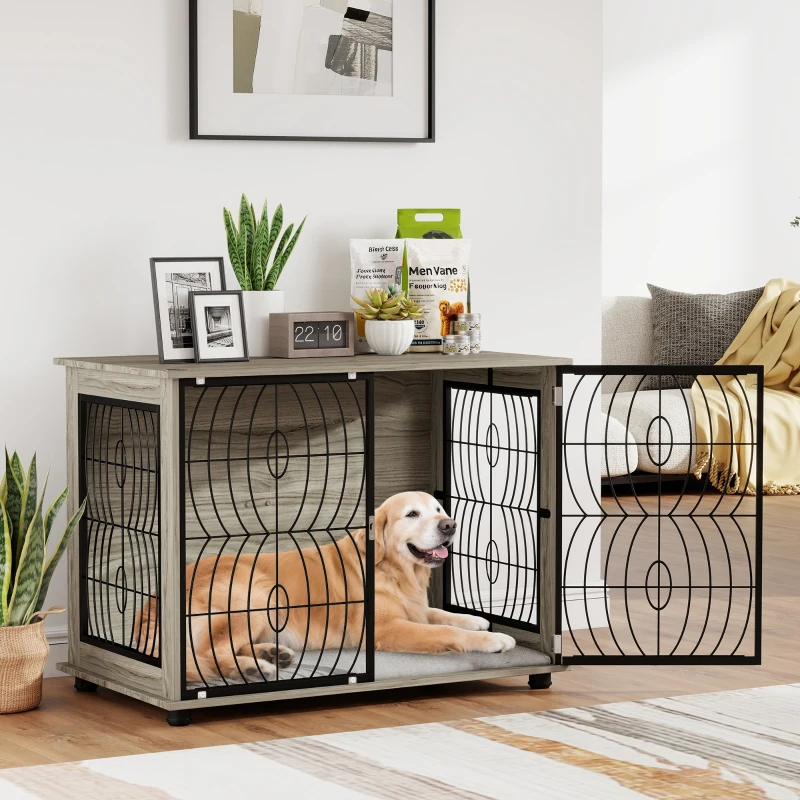 PawHut Dog Crate Furniture End Table w/ Plush Washable Cushion, Lockable Door, for Large Dogs