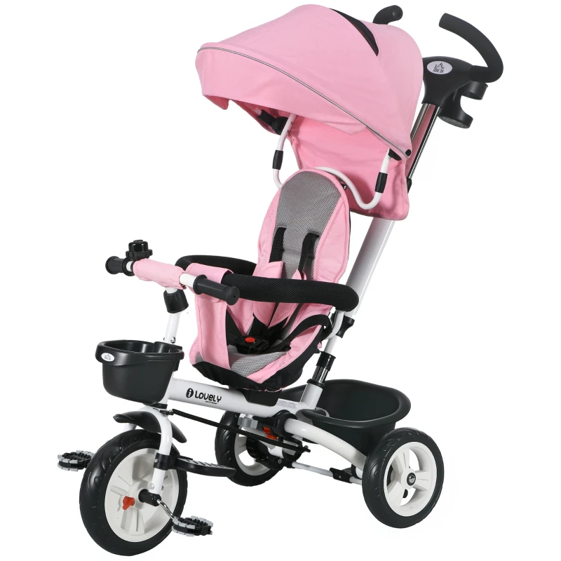 HOMCOM 6-in-1 Kinderdreirad mit Schiebestange, Dach, Gurt, Ablagekorb, 18+ Monate, Rosa