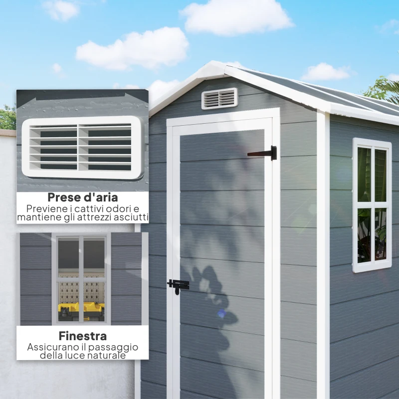 Outsunny Casetta da Giardino in Resina con Pavimento, Porta con Blocco e Finestra, 1.3 x 1.8 m, Grigio