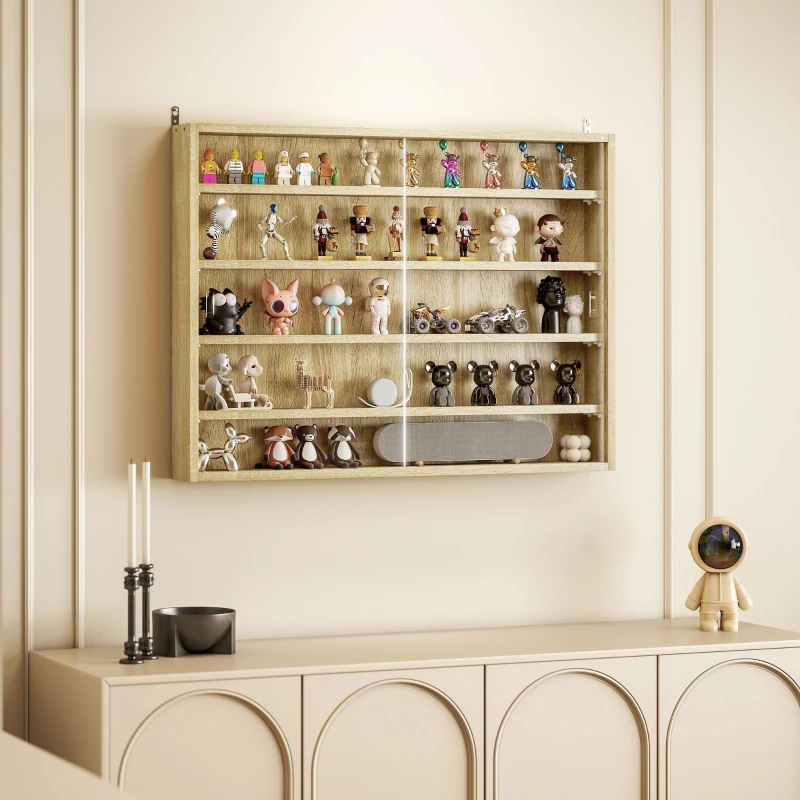 HOMCOM 5-Tier Wall Display Shelf Unit Cabinet w/ 4 Adjustable Shelves Glass Doors Home Office Ornaments 60x80cm Oak
