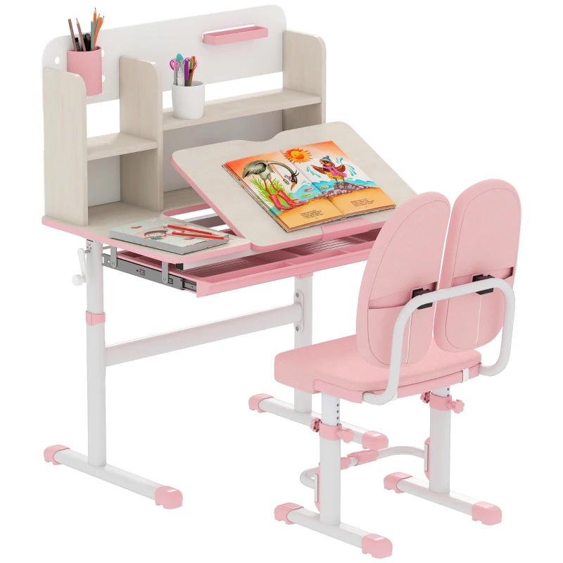 HOMCOM Kids Desk and Chair Set, with Storage Shelves, Washable Cover, for Ages 3-12 Years - Pink