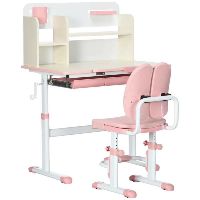 HOMCOM Pupitre Infantil Altura Ajustable con 1 Cajón 1 Estante y Tablero de Mesa Inclinable 80x52x88-109 cm Rosa y Blanco