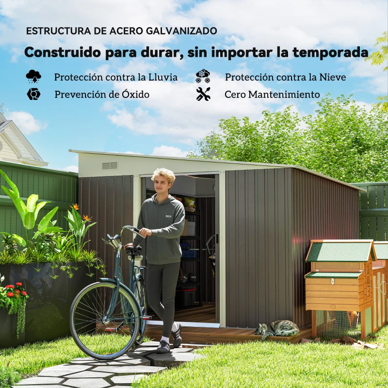 Outsunny Cobertizo de Jardín 280x345x201 cm 8,9 m² para Almacenamiento de Herramientas con Puerta y 2 Ventanas Gris(m-4)