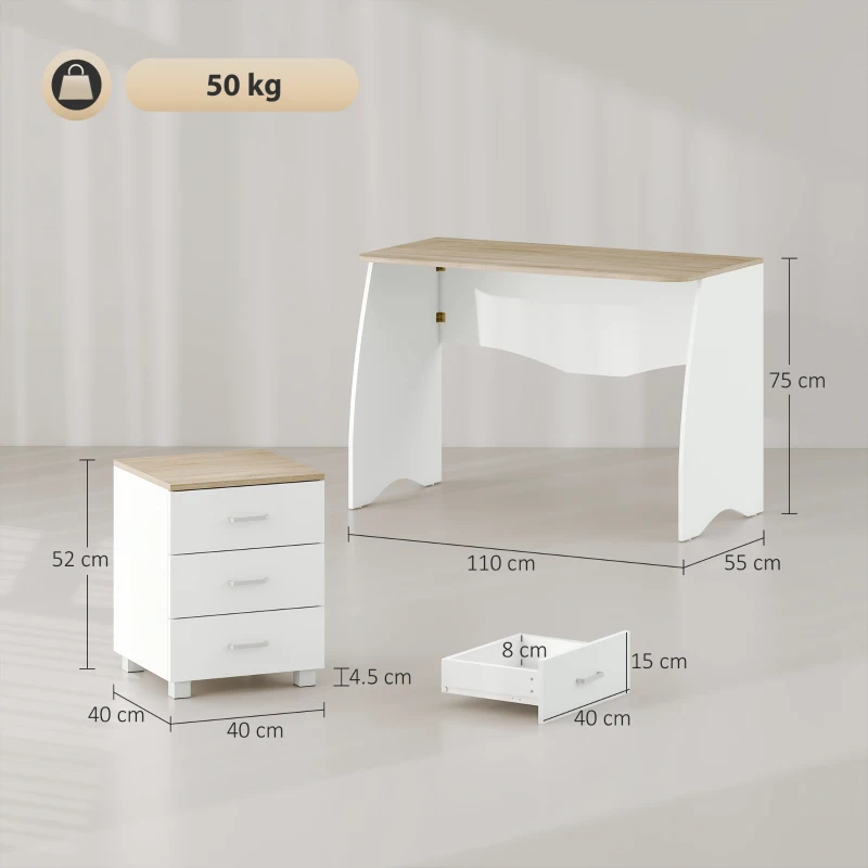 HOMCOM Scrivania con Cassettiera Moderna in Legno, Scrivania PC per Camera e Ufficio, 110x55x75cm