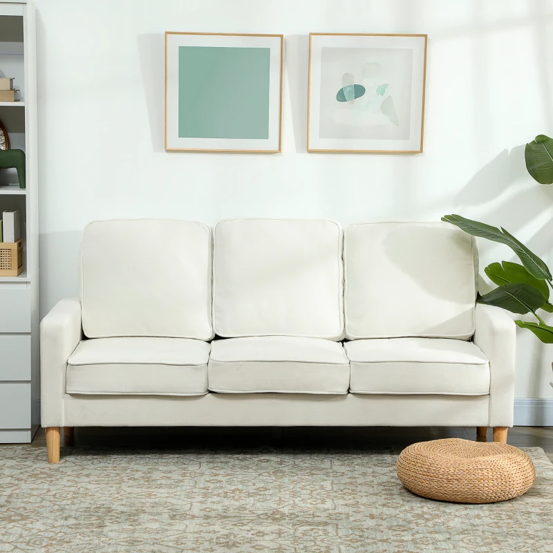 HOMCOM Sofá de 3 plazas con cojines gruesos, madera de caucho, tela, sofá acolchado para sala de estar, oficina, dormitorio, blanco crema