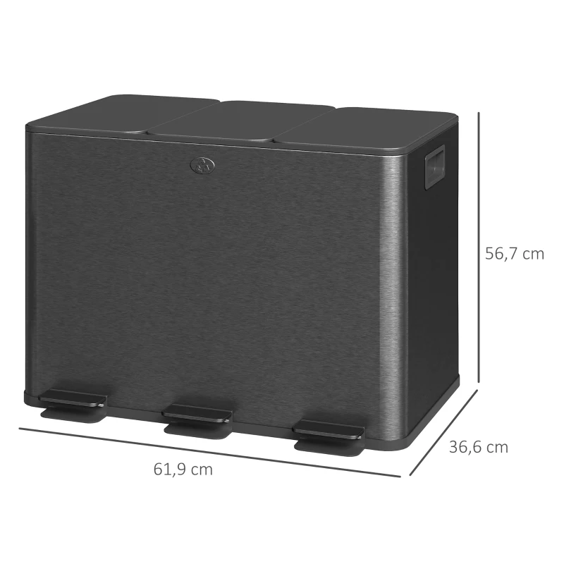HOMCOM Cubo de basura de cocina, cubo de reciclaje, 3 compartimentos de 20L, cubos interiores extraíbles, 61,9x36,6x56,7cm, negro