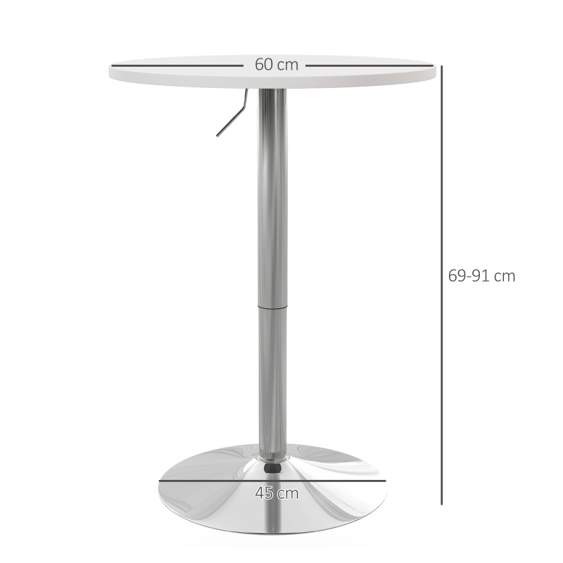 HOMCOM Table de bar ronde table haute cuisine réglable en hauteur 69-91 cm plateau pivotante à 360° blanc et argenté