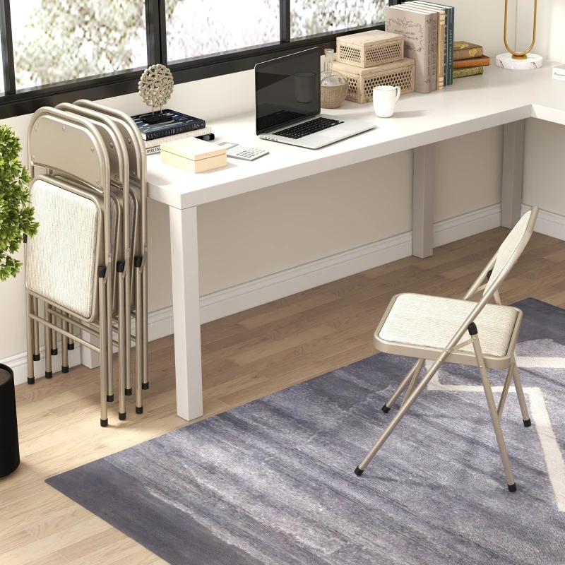 HOMCOM 4er-Set Klappstühle, Tragbare Bürostühle, Stahlbeine, Faltstuhl für Büro, Empfang, Wartezimmer, Leinenoptik Beige(m-9)