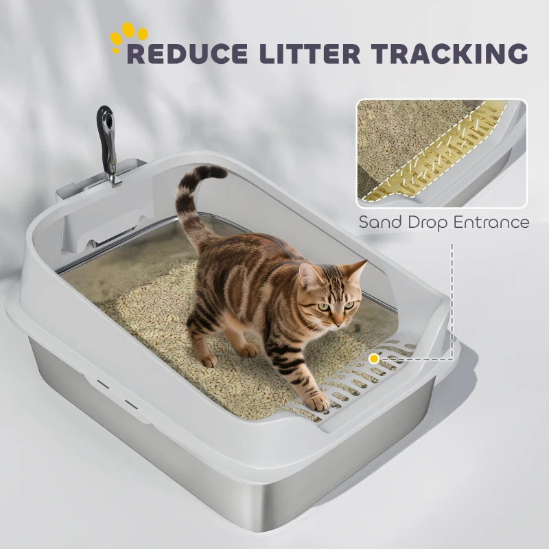 PawHut XL Stainless Steel Cat Litter Box with High Sides, Metal Scoop, 60 x 40 x 30 cm
