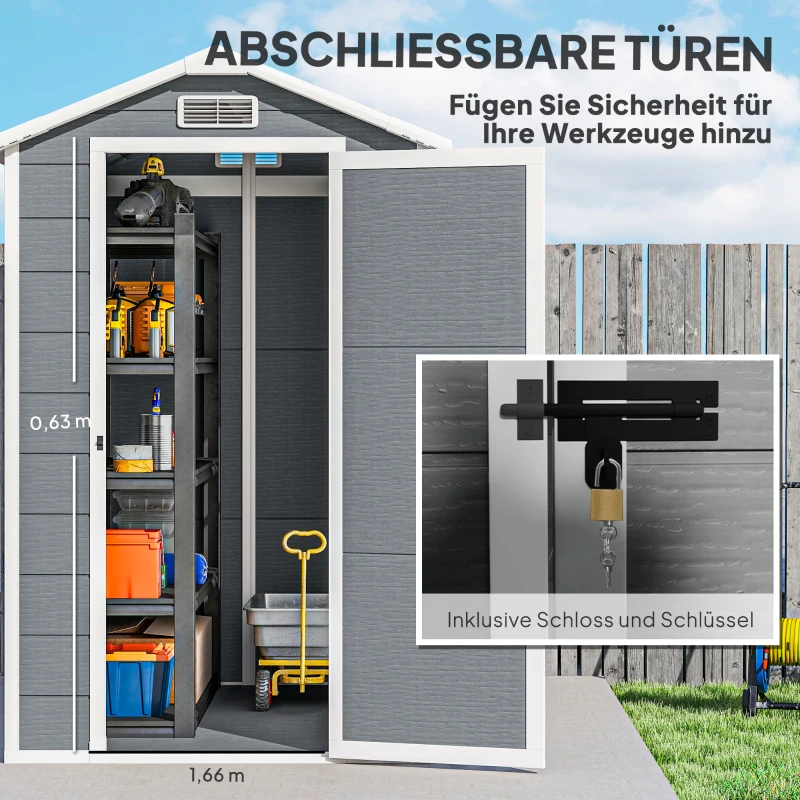 Outsunny Gartenschuppen, Kunststoff-Gartenhaus mit Boden, Fenster, verschließbare Türen, für Garten, 131B x 186T x 198H cm, Grau(m-7)