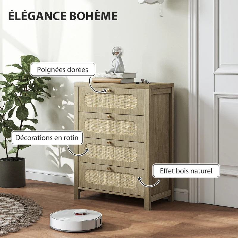 HOMCOM Commode 4 tiroirs meuble de rangement style bohémienne avec portes résine tressée, 70 x 38 x 93 cm, effet bois naturel