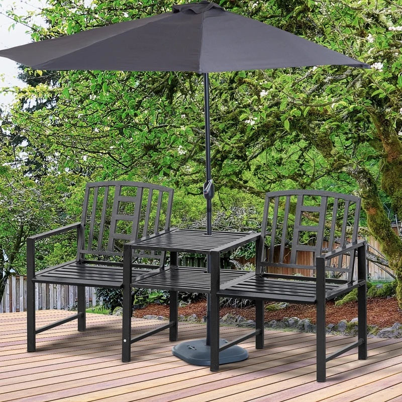 Outsunny Panchina da Giardino Moderna 2 Posti con Tavolino e Foro per Ombrellone Arredamento da Esterno 165x56x85.5cm Nero