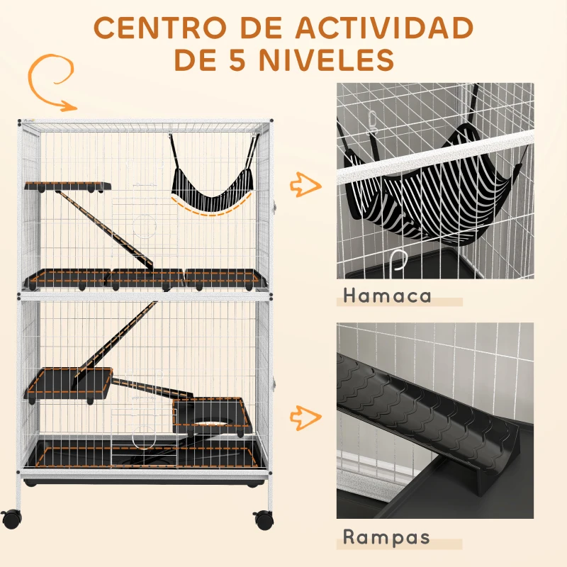 PawHut Jaula para Animales Pequeños con Ruedas Rampas Hamaca y Bandeja Extraíble para Chinchillas Hurones 80x52x128 cm Blanco