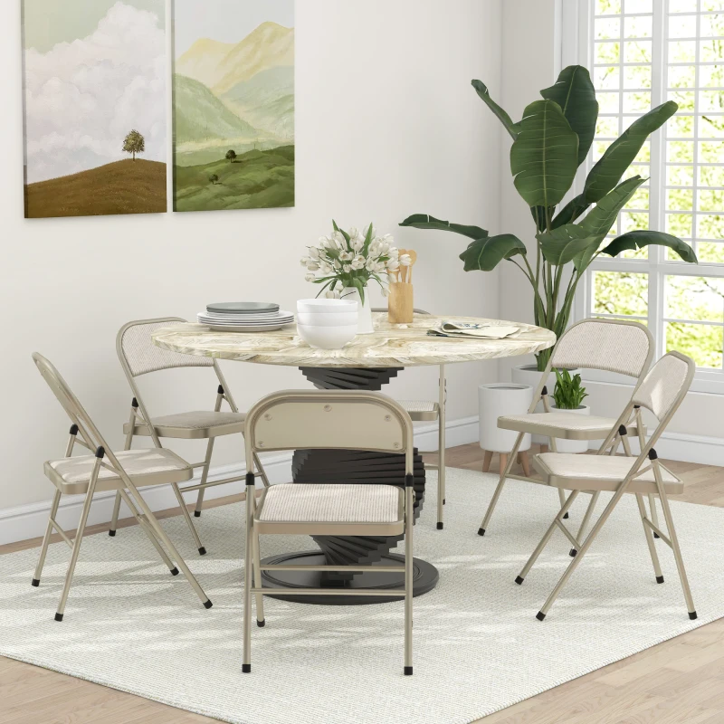 HOMCOM 6er-Set Klappstühle, Tragbare Bürostühle, Stahlbeine, Faltstuhl für Büro, Empfang, Wartezimmer, Leinenoptik Beige(m-2)