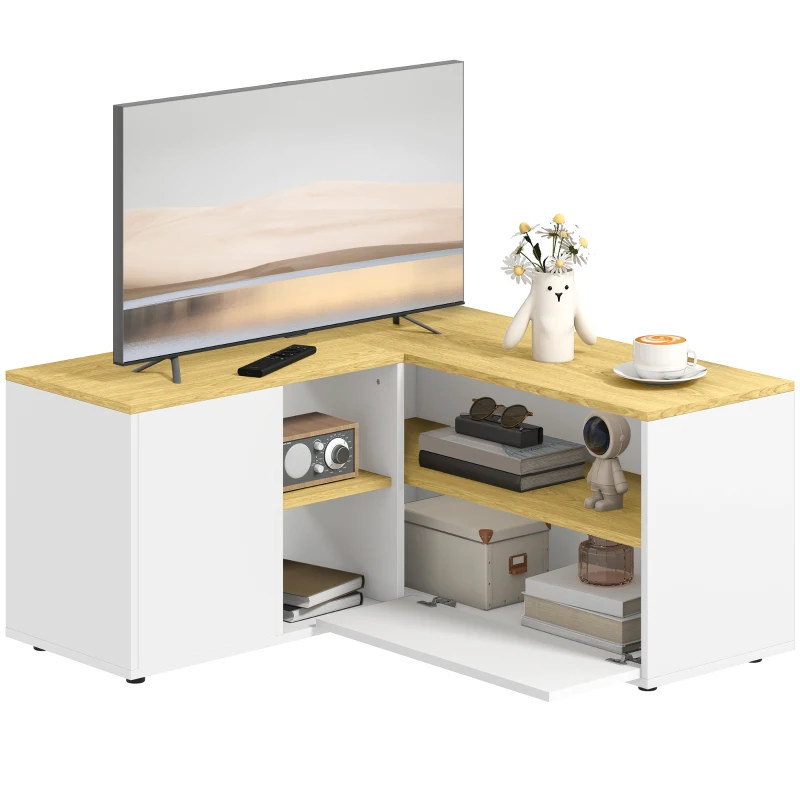 HOMCOM Dulap TV  in forma de L pentru televizor rafturi deschise dulapuri din PAL stejar alb comoda tv comoda moderna mobilier pentru living camera de zi dormitor