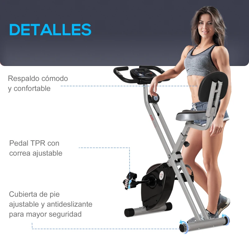 HOMCOM Bicicleta Estática Plegable con Respaldo 8 Niveles de Resistencia Volante Pantalla LCD Pulsómetro y Sillín Ajustable