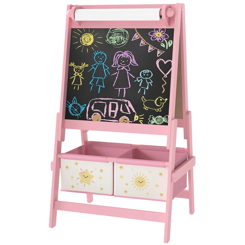 AIYAPLAY Lavagna per Bambini 3 in 1 con Cavalletto, Rotolo di Carta e 2 Cestelli, in Legno, 54x46x94 cm, Rosa