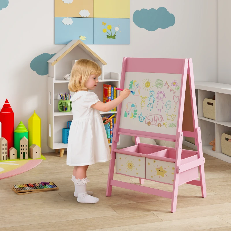 AIYAPLAY Kinder-Malständer 3 in 1 Malständer für Kinder mit doppelter Seite, Papierrolle und Körben in Rosa