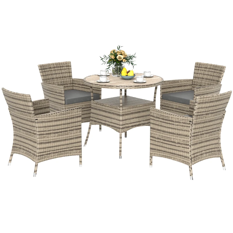Outsunny Five-Piece Rattan Garden Set, with Two-Tier Table - Grey