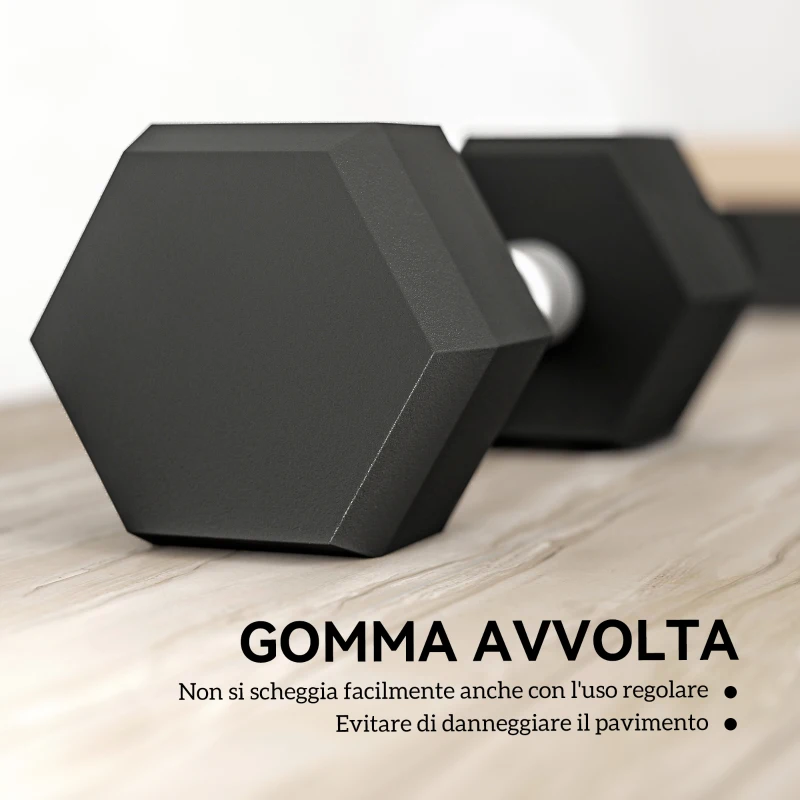 HOMCOM Set di 2 Manubri da 6 kg Esagonali con Presa Antiscivolo e Rivestimento in Gomma, Nero