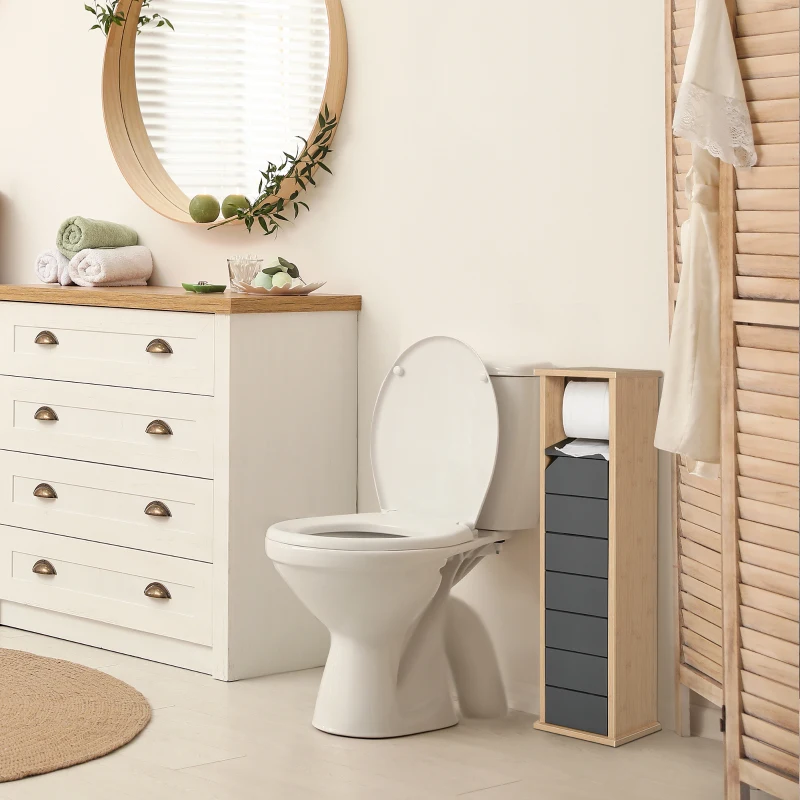 HOMCOM Support Papier Toilette - Porte-Papier Toilette - Armoire pour Papier Toilette - 2 Niveaux + Sortie Papier MDF Gris Bambou